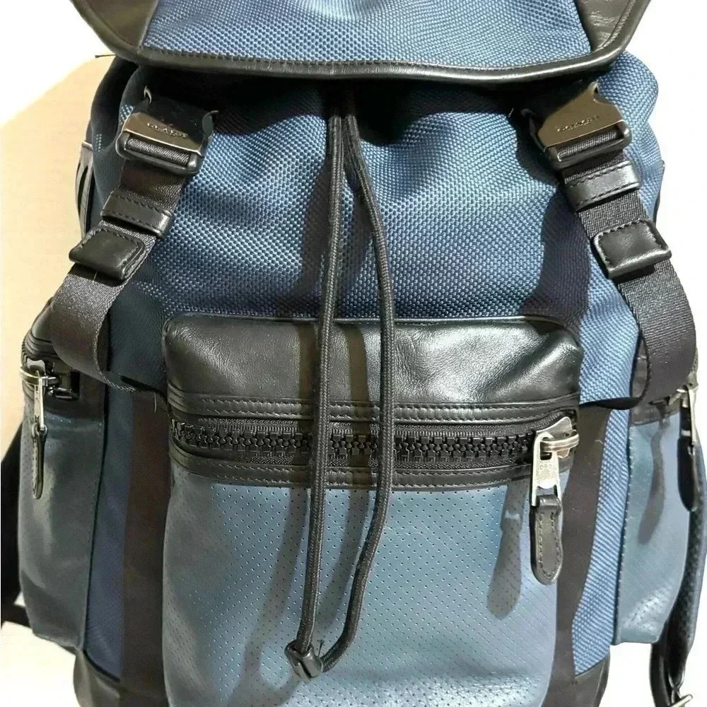 Coach unisex navy blue black leather nylon backpack
